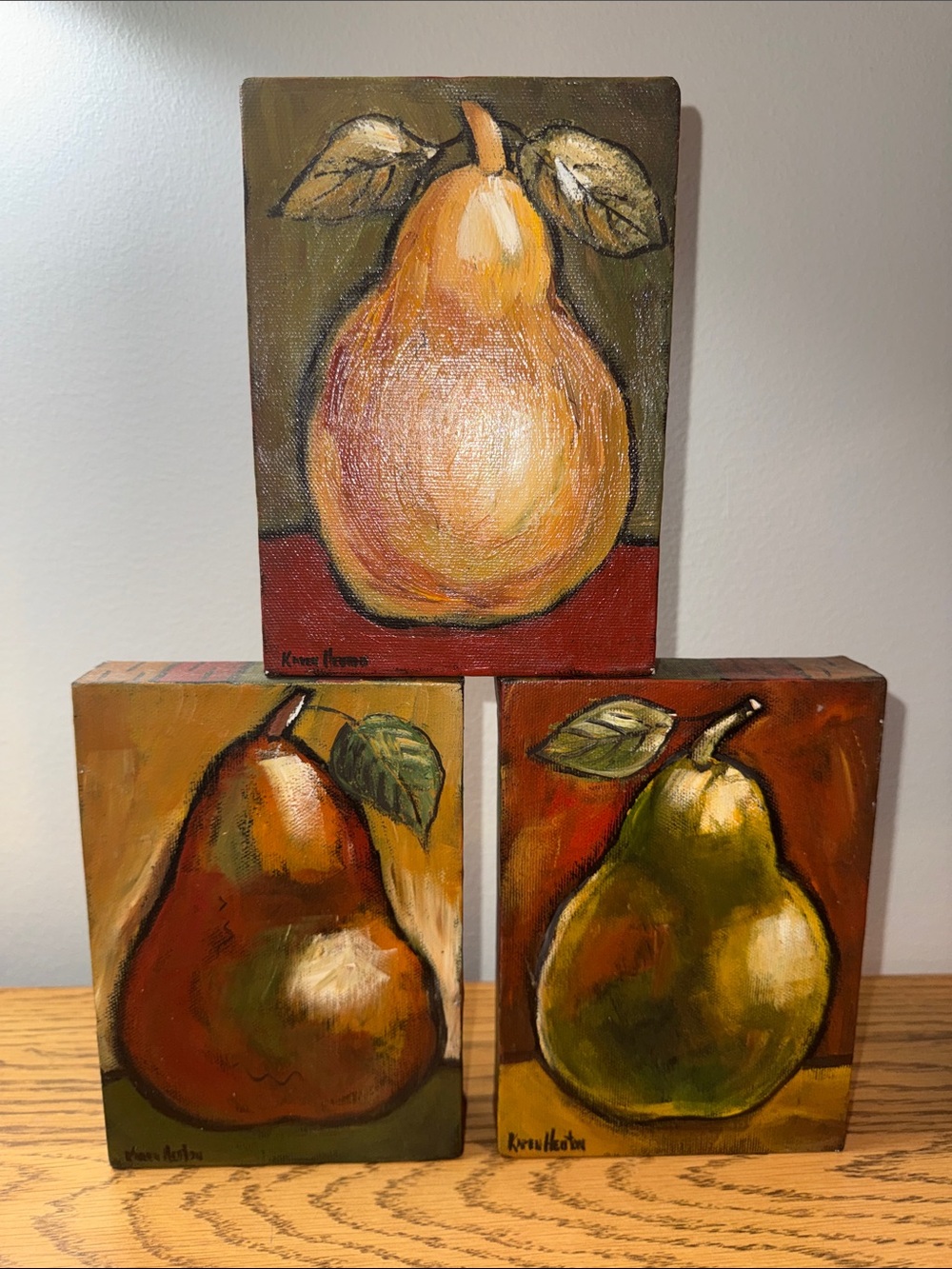 Karen Heuton Signed Set Of 3 Pear Paintings Each 7” X 5” On Canvas Original Art